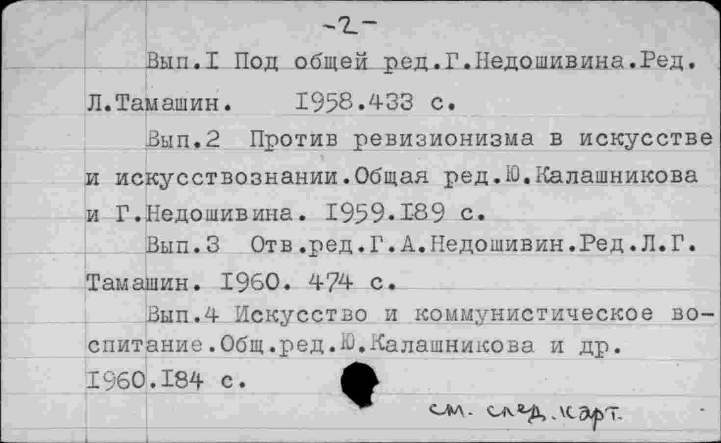 ﻿Вып.1 Под общей ред.Г.Недошивина.Ред. Л.Тамашин. 1958.433 с.
Вып.2 Против ревизионизма в искусстве и искусствознании.Общая ред.Ю.Калашникова и Г.Недошивина. 1959*189 с.
Вып.3 Отв.ред. Г. А.Недошивин.Ред.Л.Г. Тамашин. 1960. 474 с.
Вып.4 Искусство и коммунистическое воспитание .Общ.ред.Ю. Калашникова и др.
1960.184 с. ф